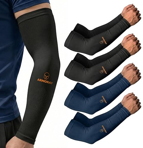 ARMORAY Arm Sleeves for Men & Women - 4 Pair UV Sun Protection Cooling Compression - Tattoo Cover Up Sleeve for Daily Wear & Work (Black + Navy)