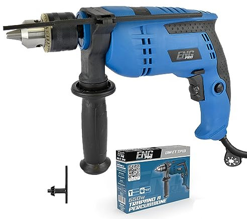 ENG PRO Trapano a Percussione Elettrico 650W - Velocità Regolabile 0-3000 RPM - Doppia Funzione Martello Percussore, Impugnatura Aggiuntiva e Misuratore di Profondità - UM ET TP13