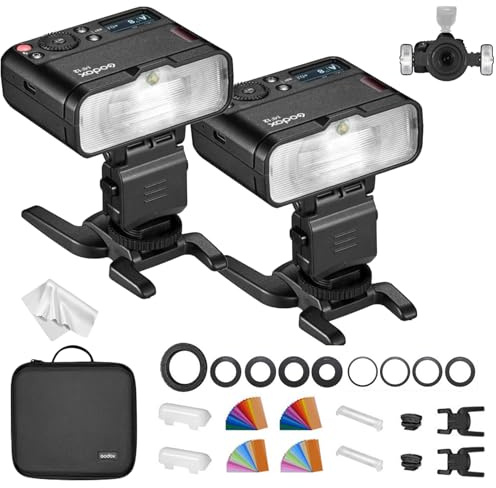 Godox MF12 Kit2 Makroblitz TTL 2,4GHz Funk-Ringblitz mit integrierter Batterie, 500 Blitze bei voller Leistung, Leistung 1/128–1/1, kompatibel mit Canon Sony Nikon Fujifilm Olympus Panasonic