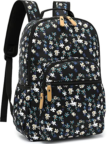 Leaper Sac à dos d'école, sac de voyage, cartable pour femme Motif floral résistant à l'eau, Fleur noire et blanche, L