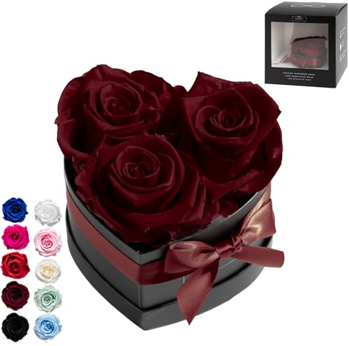 Infinity Flowerbox Small Herz - 3 echte Premiumrosen in Dunkelrot - 3 Jahre haltbar ohne gießen | In Geschenkverpackung mit Satinschleife, Burgundy