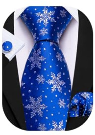 Barry.Wang Blue Men's Christmas Tie Set Silk Xmas Snowflakes Necktie Handkerchief Cufflinks Party