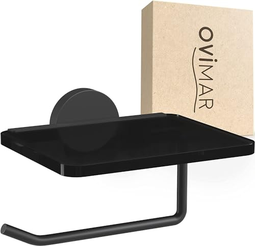 ovimar Toilettenpapierhalter Remoya | Papierrollenhalter mit Glasablage schwarz zum Bohren | Klopapierhalter zum Bohren oder Kleben | Klorollenhalter mit Ablage | WC Rollenhalter