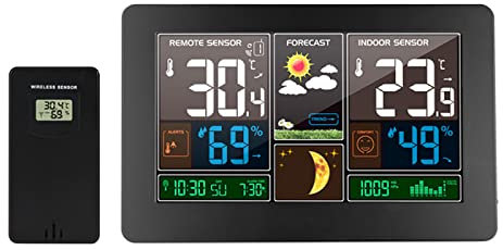 JUJNE Projection Alarm Clock Bedside Mains Operated, Projection Alarm Clock for Bedrooms with Weather Station, Wireless Indoor/outdoor Thermometer, Digital Weather Station Projection Clocks