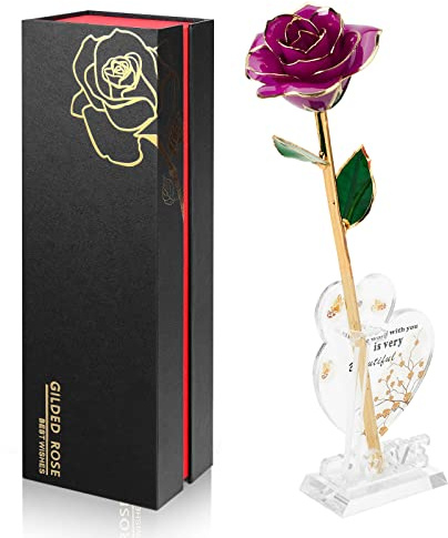 Anthonic Gold Dipped Infinity Rose Last Forever Flower Decor, Birthday Gift for Women in Her Birthday Valentines Day Mothers Day, Resin Preserved Rose | Anniversary Present for Mom (Purple)