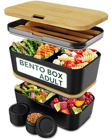 Umami Premium Lunchbox Erwachsene, Verschachtelbar Auslaufsichere Bento Box mit 4 Bestecke & Fächern, Brotdose Erwachsene, Salatbehälter To-Go, Lunch Box für Picknick/Büro, Schwarz Stapelbar, 1500 ml