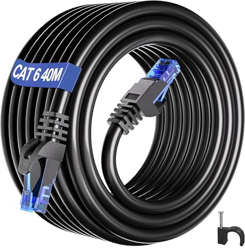 ikbc LAN Kabel 40 meter Netzwerkkabel Verlegekabel 40m Outdoor Cat 6 Lang | Internet Kabel Aussen Hochgeschwindigkeits RJ45 Ethernet Kabel, 23AWG Installationskabel Schwarz Patchkabel für PC (40 Clips)