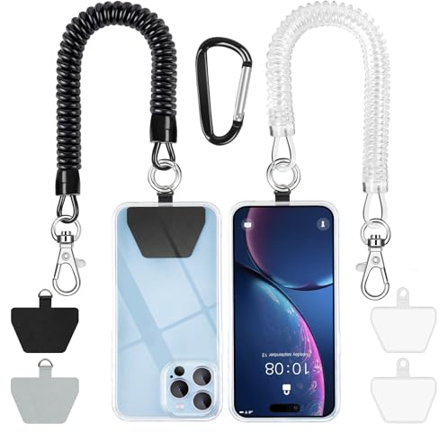 SHANSHUI Phone Tether Lanyard, Strong Spring Rope Climbing Hook, 4x Phone Tether Tabs Free Your Hand Stylish Phone Chain Strap for All Smartphones - 2PCS Black White