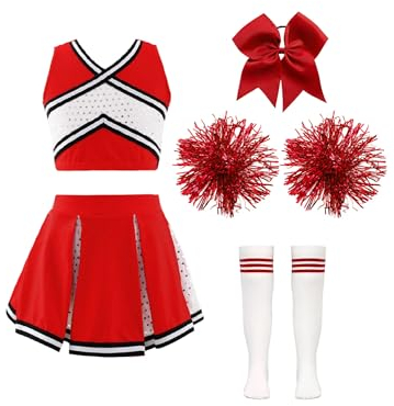 Hedmy Cheerleadering Kostüm Mädchen Cheer Uniform mit Pompons Socken und Kopfschmuck für Fancy Dress Halloween B Rot 146-152