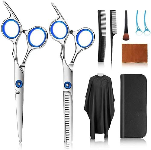 FATHBOOD Kit Ciseaux de Coiffure,10 Pcs en Acier Inoxydable Amincissants Professionnels pour Coiffeur/Salon/Maison/Hommes/Femmes/Enfants/Adultes Ensembles, JDF10P