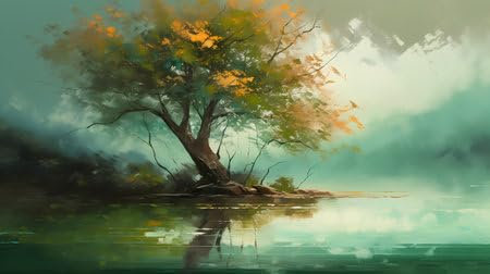 adrium Acryl-Bild 140 x 80 cm: Landschaft mit einem Baum am Ufer des Flusses. Digitale Zeichnung. (203853987)