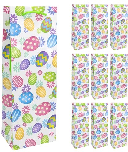 Idena 30391-10 - Flaschentaschen, 10 Stück, Geschenktüten in der Größe 12 x 9 x 35 cm, Papiertüten mit bunten Ostereiern und Blumen