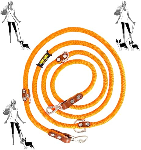 Multifunktionale Freihandleine für Hunde. Orange & Cognac. | 12-mm-Polyesterseil mit Lederdetails und 2 Karabinern; 3-fach verstellbar, auch als Doppelleine. In Spanien gefertigt.