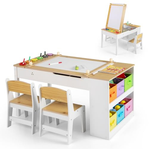 COSTWAY Juego de Mesa y 2 Silla de Arte para Niños, Escritorio de Juegos y Manualidades 2 en 1 para Niños con Mesa Elevable, Rollo de Papel, Vasos de Pintura y 6 Contenedores (Natural)