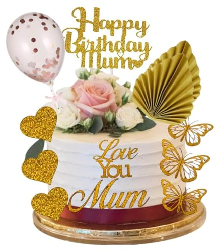 Lot de 12 décorations de gâteau « Happy Birthday Mum » dorées - Feuille de palmier - Paillettes - Ballons à paillettes - Décoration de gâteau pour fête d'anniversaire (doré)
