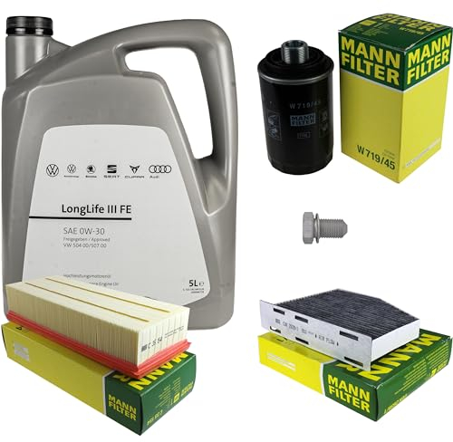 Inspektionspaket Wartungspaket Filterset mit 5 L 0W-30 Motoröl LongLife 3 FE, Ölfilter Luftfilter Innenraumfilter (Aktivkohle) Ölablassschraube