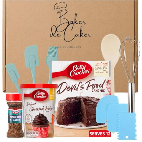Chocolate Cake Making Kit Bundle With Betty Crocker Cake Mix, Chocolate Fudge Icing, Christmas Sprinkles and Various Baking Utensils Essential For Making Cakes. Christmas Baking At Home