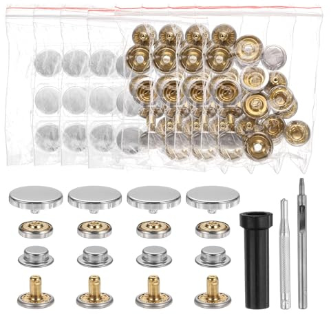 sourcing map 24 Set Leather Snap Fasteners Kit 17mm Metal Snap Button Press Studs Leather Rivets Snaps with 3 Setter Tools for Clothes Jackets Jeans Wears, Silver Tone