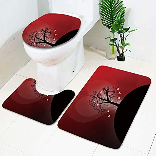 Bad Teppiche Set Roter Schwarzer Baum Badezimmerteppich Waschbar WC Vorleger mit Ausschnitt und WC Deckelbezug 3 Teilig Badematte rutschfest Toilettensitzbezug Badgarnitur 50x80 cm