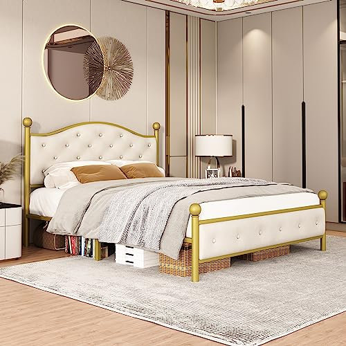 Modern Metallbett, Bettgestelle mit Lattenrost, Doppelbett, Bettrahmen mit Kopfteil, Gästebett, Jugendbett für Schlafzimmer, Gästezimmer, 140x200 cm, golden