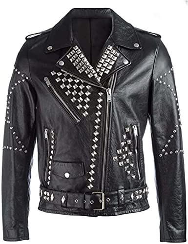 PROMENADE CHIC Rock Punk Classy Nieten Brando Lederjacke, Schwarz - Kunstleder, 3XL