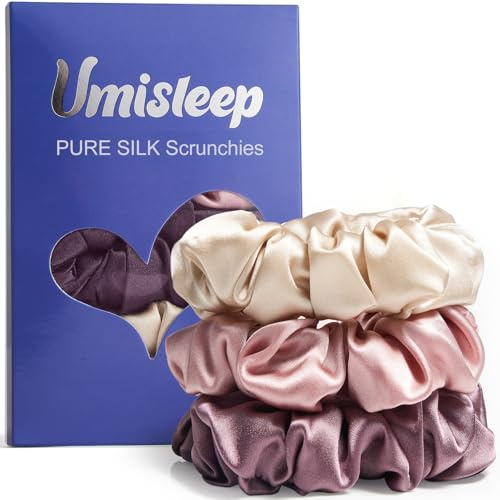 Umisleep Set di 3 scrunchies in seta al 100% per donne, morbidi elastici per capelli per meno crespi e rottura, elastici per capelli senza impronte (rosa+champagne+viola prugna)