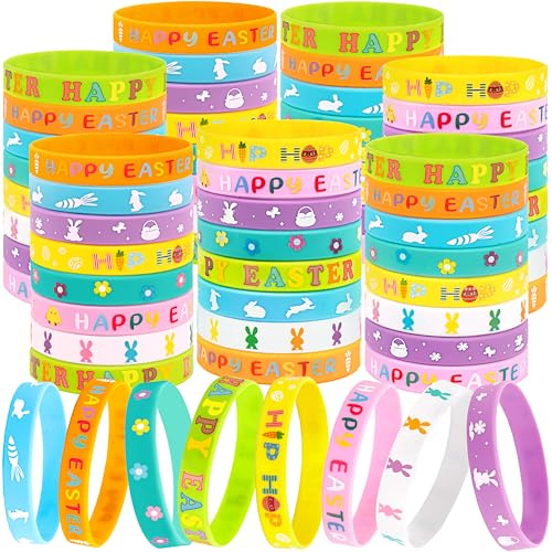 Moon Boat 74pcs Easter Basket Stuffers Wristbands for Kids, Egg Fillers Bulk, Rubber Wristband Gifts, Party Favors for Boys Girls