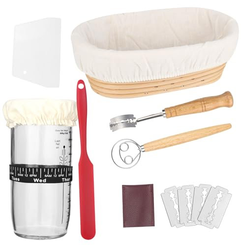 DMJJSD Cesta de fermentación, cesta de fermentación ovalada, 24 oz, tarro de iniciación de masa madre con fecha marcada con fecha, cesta de pan, kit de iniciación de masa madre, juego de iniciación