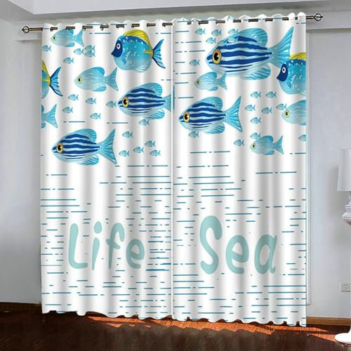 Bishilin Verdunklungsvorhänge Ösen 2er Set 264x274CM, Vorhänge Blickdicht Modern Meer Fische Gardinen Verdunkelnd Wohnzimmer Jugendzimmer Kinderzimmer