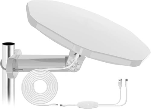 High Gain Outdoor Tv Aerials with Signal Booster, Freeview Digital Outdoor Aerial for Smart Tv & 360° Omni-Directional Reception VHF & UHF 4k Hdtv Loft Antenna with Added Stability, 32ft Coax Cable