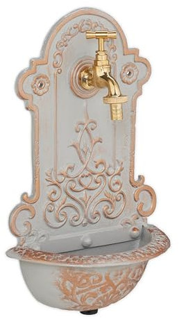 Relaxdays Fuente Jardín Exterior, Nostálgica, Dispensador Agua, Lavabo y Grifo, 36x22x10,5 cm, Hierro Fundido, Oro/Gris, Latón