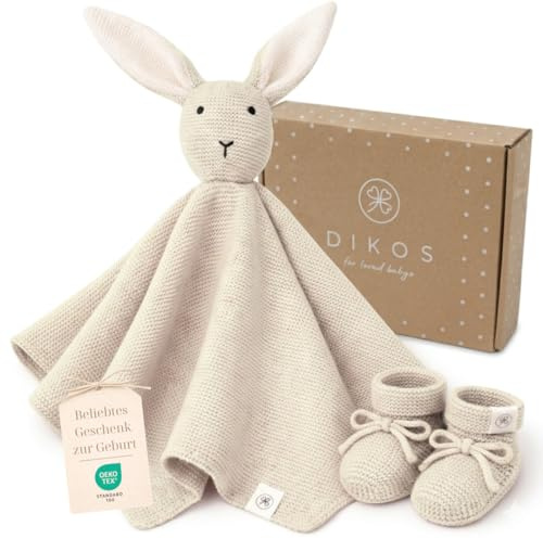DIKOS Babygeschenk zur Geburt – Geschenkset mit Kuscheltuch & Babysocken | Schmusetuch HASE (40×40 cm) & Stricksocken für Neugeborene – Premium Babyset – kuschelweiche Bio-Baumwolle (OEKO-TEX 100)