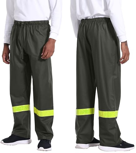 Navis Marine Herren Regenhose Wasserdicht PU – Arbeitshose mit Reflektorstreifen, Elastischem Bund & Verstellbaren Beinabschlüssen für Outdoor & Beruf(Green,M)