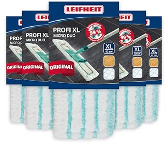 Leifheit Wischbezug Profi XL Micro Duo, 5er Set Doppelreinigung | Mikrofaser mit Spezialborsten, waschbar bis 400x bei 60°C, für Stein, Parkett, Laminat, glatte Böden, weiß/türkis