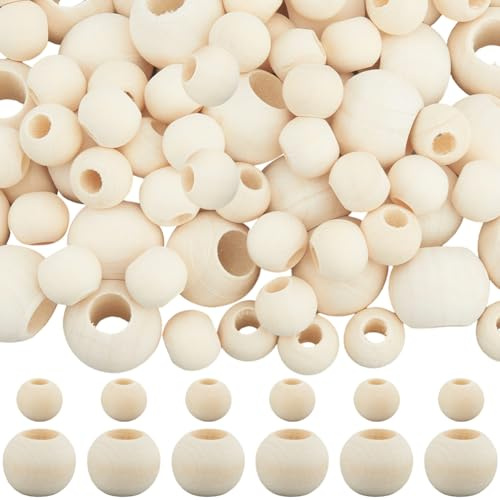 SOFPLATE 150 pz 2 Stili Perline di Legno Naturale Grezzo macramè Perline A Foro Largo Palla Rotonda Bianco co Liscio Distanziatori Sciolti Accessori per La Creazione di Gioielli Bracciali Collane Fai