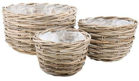 Klocke Dekorationsbedarf Rattan Pflanzkörbe/Pflanzgefäße 3er Set – Kubu Natur mit Folie (Natur, ⌀ 20/25/35cm)