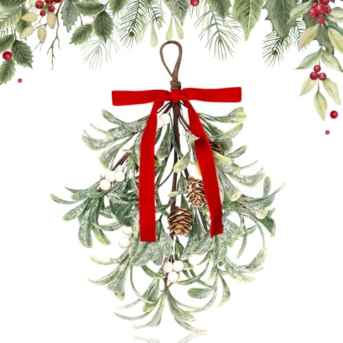 Mistletoe Christmas Decor - Artificial Hanging Mistletoe Picks Decoration for Doorway Frosted Mistletoe Xmas Ornament Kissing Ball Artificial Glitter Leaf Hanging Decor for Couple, White