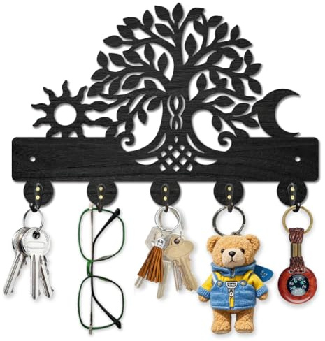 MAYJOYDIY Portachiavi in legno con albero della vita, sole e luna, da parete, 30 x 20 cm, con albero lussureggiante, decorativo, con 5 ganci in lega, per ingresso, cucina, ufficio, camera da letto