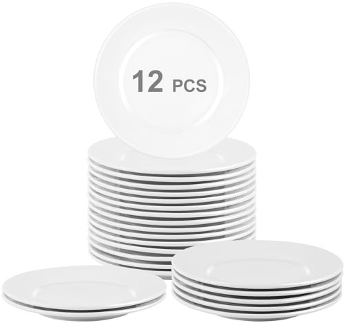 Dyrfolm Porcelain Dessert Plates Set of 12, 7 Inch White Dinner Plates, Ceramic Appetizer Plate for Snack, Bread, Fruit, Cake, Microwave & Dishwasher Safe
