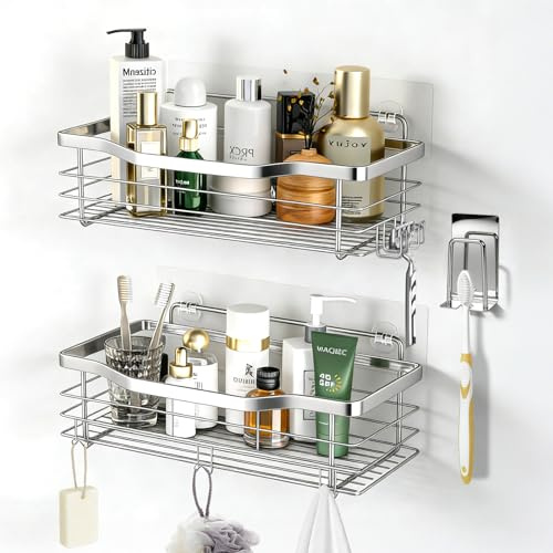 VirtuGro Set di 3 Mensola Doccia Senza Foratura con 5 ganci + Portaspazzolini da Bagno Organizer Bagno Mensola Adesiva Porta Bagnoschiuma da Doccia Shower Shelf Acciaio Inossidabile Argento
