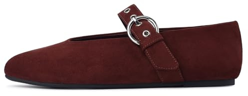 Gothictor Burgundy Suede Ballet Flats for Women Round Toe Mary Jane Shoes Adjustable Buckle Strap Casual Ballerina Flats Dress Shoes 8.5