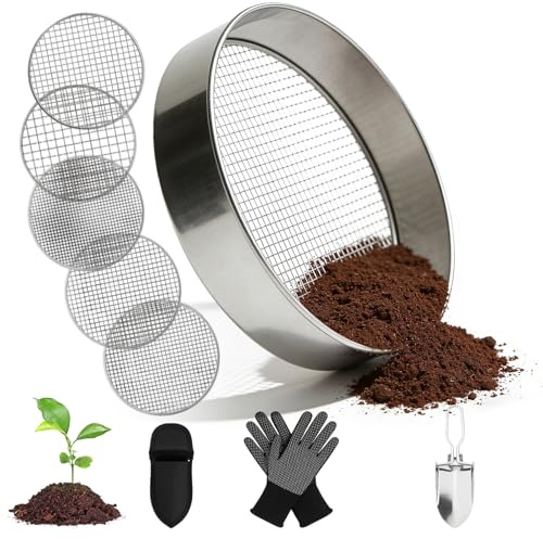 Setaccio da Giardino, 5 in 1 Colino da Giardino in Acciaio Inox da 20 Cm con 5 Maglie Intercambiabili Ø 3,6,9,10,12 Mm, Setaccio da Giardino Rotondo, Set di Setacci per Terreno con Spatola E Guanti