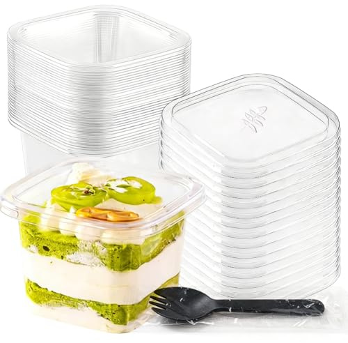 50 stycken dessertkoppar fyrkantiga plast, plast dessertkoppar med lock, 360 ml klara dessertskålar, med 50 skedar, återanvändbara, fyrkantiga plastmuggar för dessert, mousse, tiramisu