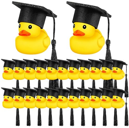 Patos de Goma para graduación: 12/24 Unidades de Mini Patos de graduación con Sombrero de graduación Negro | Pato de Goma Suave para Regalos de cumpleaños, decoración, Infantil, Tema de