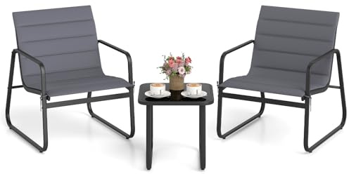 RELAX4LIFE Tavolo da Giardino con Sedie, Set Bistrò 3 Pezzi con Cuscini Rimovibili e Lavabili, Struttura in Metallo, Tavolino in Vetro Temperato, Mobili da Esterno per Balcone/Terrazza (Modello 1)