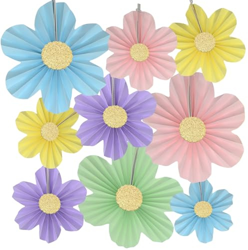 Hoypeyfiy 9-teiliges farbenfrohes Papierfächer-Dekorationsset, lebendige florale Hängehängedekoration für Partys, ideal für Hochzeiten, Geburtstage und Babypartys (Mehrfarbig)