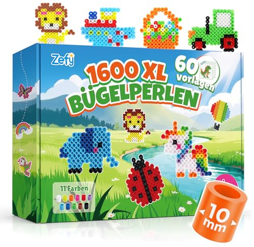 Zefy 10mm 1600 Stück Bügelperlen mit 60 Papiervorlagen | 11 Farben Groß Bügelperlen Set Maxi Steckperlen für Kinder ab 3 Jahren (Ohne Steckplatten)