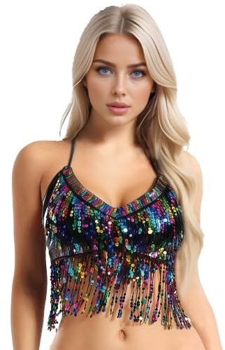 MUNAFIE Glitter Top Festival Night Club Sparkly Sequin Halter Neck Bra Tops Party Rave Outfits Crop Tops for Women