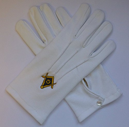 Masonic White Gloves with Embroidered Black/Gold Square & Compass - 100% Heavy Cotton (Extra Large)