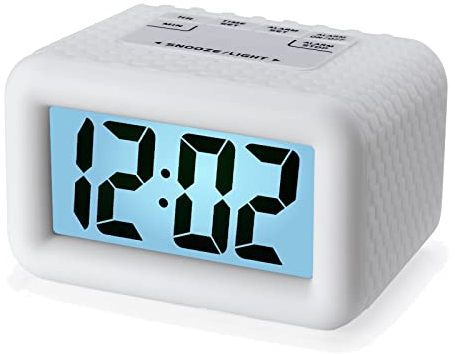 Plumeet Großer Digitaler LCD-Reisewecker, Mit Schlummermodus und Nachtlicht, Ansteigendem Soundalarm & Handgerät-Größe, Kinder (Schwarz) (Weiß)
